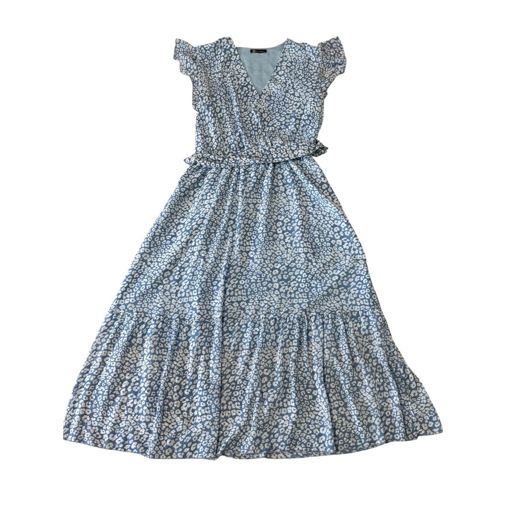 PrettyGarden Womens XL Blue White Leopard Print Ruffle Sleeve Tiered Maxi Dress